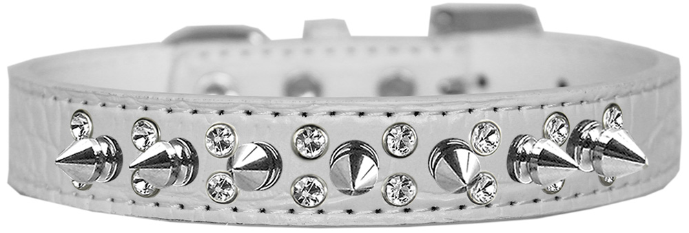 Double Crystal and Spike Croc Dog Collar White Size 16